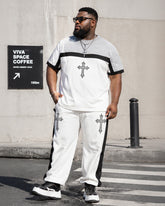 Big & Tall Men's Grey-White Black Colorblock Printed T-Shirt Pants Set