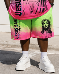 Big & Tall Men’s Gradient Pink Jesus Head Portrait JESUS SAVED Printed Crew-Neck Short-Sleeve T-Shirt And Shorts Set