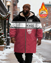 Big & Tall Men's Red And Black Contrast "LIVE A KING" Crown Printed Velvet Padded Long Hooded Coat