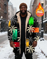 Big & Tall Men's Black Color Square Palm Tree Printed Velvet Thickened Long Hooded Coat
