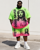 Big & Tall Men’s Gradient Pink Jesus Head Portrait JESUS SAVED Printed Crew-Neck Short-Sleeve T-Shirt And Shorts Set