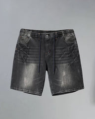 M-6XL Plus Size Men's Black Grey Cracked Washed Used Drawstring Denim Shorts
