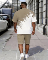 Big & Tall Men's Khaki White Splash Ink Lightning Print Round Neck Short Sleeve T-shirt Shorts Set