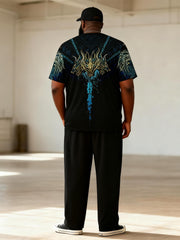 Big & Tall Men's Black Gold Blue Flame Totem Printed T-Shirt Pants Set