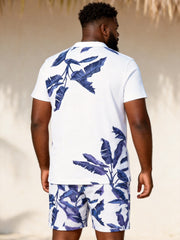 Big & Tall Men's White Blues Palm Leaf Print Short Sleeve Polo Shirt