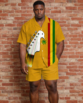 Big & Tall Men's Music Pattern Printed Yellow Short Sleeve Shirt Shorts Set