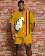 Big & Tall Men's Music Pattern Printed Yellow Short Sleeve Shirt Shorts Set