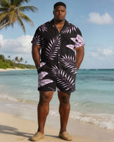 Men's Plus Size Black & Pink Leaf Print Short Sleeve Shirt Shorts Set