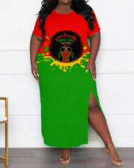 Large Size Women's Juneteenth African Women's Head Color Contrast Side Split Short Sleeve Dress