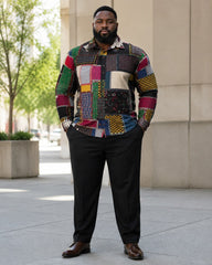 Big & Tall Men’s Retro Multicolor Patchwork Plaid Color-Block Printed Long-Sleeve Shirt And Pants Set