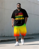 Big & Tall Men's Juneteenth Distressed Flag Reggae Color Printed POLO Short Sleeve Shorts Set
