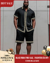 Big Man's Retro Daily Casual Edge Color Block Printing Short Sleeve Shirt Shorts Suit
