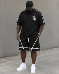 Big & Tall Men's Black And White Line Crown Print Round Neck Short Sleeve T-shirt Shorts Set