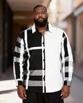 Big & Tall Men's Black And White Stitching Check Print Long Sleeve Shirt