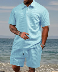 S-5XL Jacquard Men's Casual Sports Lapel Polo Shirt Short Sleeve Suit