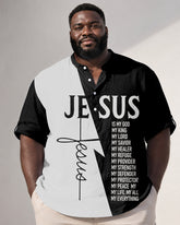 Big & Tall Men's Black And White JESUS Letter Cross Printed Collar Mid-Sleeve Shirt