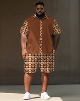 Big Guy's Geometric Pattern Short Sleeve Shirt And Shorts Set