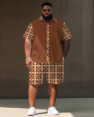 Big Guy's Geometric Pattern Short Sleeve Shirt And Shorts Set