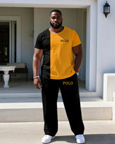 Men's Plus Size Black & Orange Chest Small Label Printed Short Sleeve T-shirt Trousers Suit