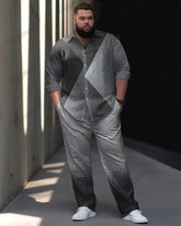 Gradient Geometric Print Long Sleeve Lapel Shirt 2 Piece Set Men's Plus Size