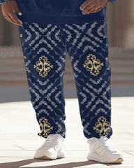 Men's Classical Retro Pattern Blue Plus Size Hoodie Suit