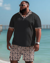 Big & Tall Men's Casual Simple Geometric Print Polo Shorts Set