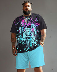 Large Build Men's Colorful Graffiti Crew T-shirt and Shorts Set