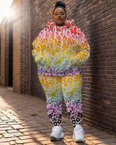 Women's Street Fashion Colorful Leopard Print Plus Size Hoodie Suit