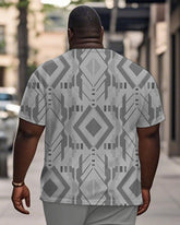 Men's Plus Size Daily Casual Grey Diamond Geometric Print Henley Collar Button Short Sleeve T-Shirt