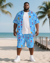 Big & Tall Men's Cute Rocket Cartoon Hawaiian Theme Short Sleeve Shirt Shorts 2-Piece Set