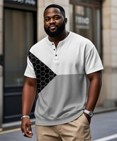 Men's Plus Size Daily Casual Black And White Grey Patchwork Geometric Print Henry Collar Button Short Sleeve T-Shirt