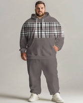 Men's Daily Casual Versatile Classic Grey Plaid Print Big and Tall Hoodie Set
