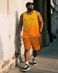 Big & Tall Men's Yellow Orange Gradient Alphabet Print Vest Shorts Suit