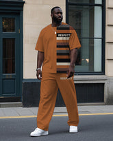 Men's Big & Tall Retro Splicing Stripe Style Letter RESPECT Printed Casual Short Sleeve T-shirt Pants Set