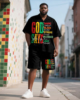 Men's Plus Size Juneteenth Blessing Letter Print Shirt Shorts Suit