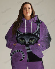 Women's Plus Size Jogging Suit Tie Dye Cat Print Hoodie and Pants Set