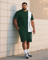 Men's Plus Size Casual Simple Green & White Color-block Handwritten "Respect" Printed Short-sleeved T-shirt Shorts Suit