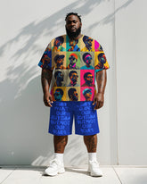 Men's Plus Size Street Fashion Colorblock Head "They Want Our Rhythm But Not Our Blues" Letter Printed T Shirt Shorts Suit