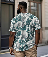 Men's Plus Size Hawaiian Floral Print Henry Collar Button Short Sleeve Tee