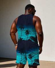 Men's Plus Size Hawaiian Blue Tank Shorts Suit
