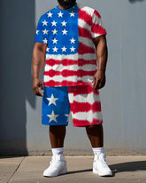 Big & Tall Men's National Flag Splicing Print Independence Day Short-Sleeve T-shirt Shorts Set