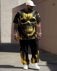 Big Guy's Street Fashion Golden Skull Print T-Shirt Trousers Set