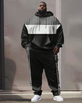 Men's Street Fashion Houndstooth Colorblock Plus Size Hoodie Suit