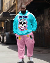 Men's Big and Tall Casual Hip Hop Blue Pink Skull Hoodie Two-Piece Set