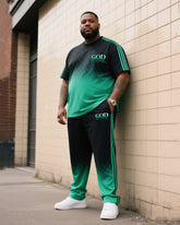 Big Boy Daily Casual Black Gradient Fluorescent Green Stripe Round Neck Short Sleeve T-Shirt Trousers