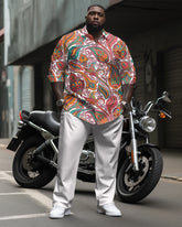 Men's Plus Size Vintage Cashew Flower Long Sleeve Lapel Shirt 2 Piece Set