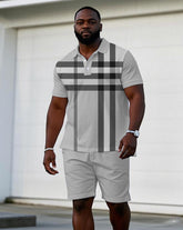 Men's Plus Size Grey Large Brand Short-sleeved Polo Shirt Shorts Suit