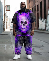 Big Guy's Street Fashion Purple Flame Skull Print T-Shirt Trousers Set