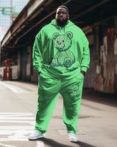Men's Plus Size Fluorescent Brown Bear Hoodie and Sweatpants Two Piece Set