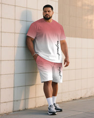 Big & Tall Men Pink & White Gradient Contrast Handwritten Respect Slogan Printed Crewneck Short Sleeve T-Shirt Shorts Suit